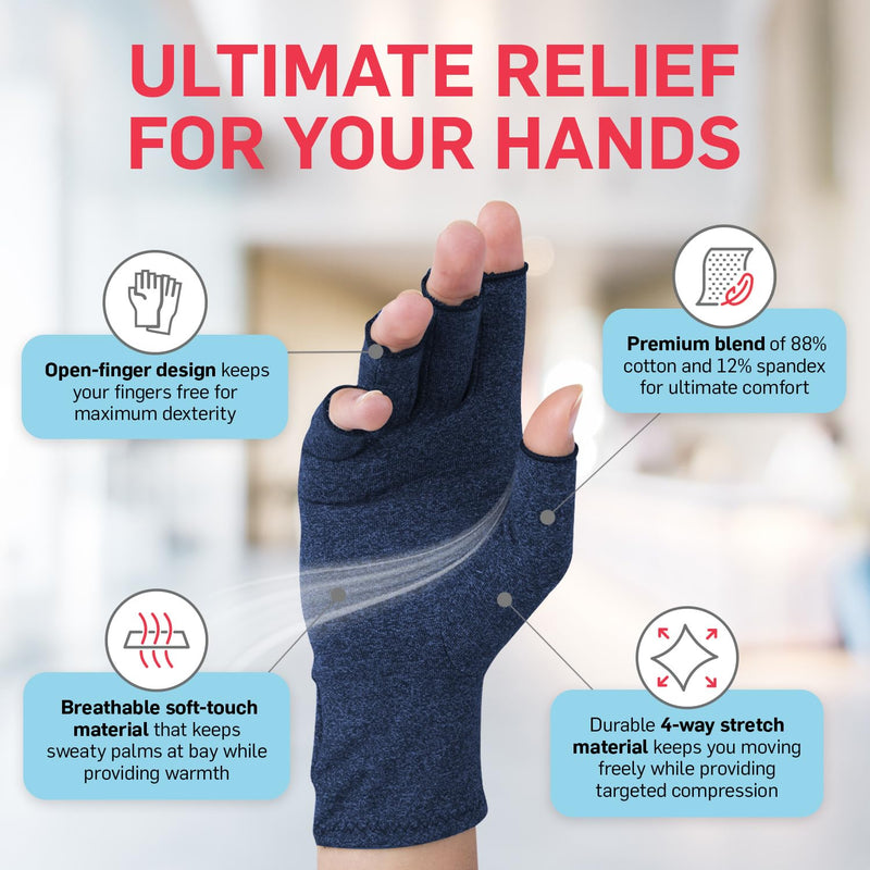 [Australia] - Dr. Arthritis Essentials Open-Fingertip Arthritis Gloves, Compression Gloves for Carpal Tunnel & Raynaud's, Hand Brace (Navy, Medium) Navy (1 Pair) 