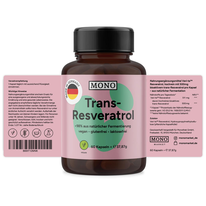 [Australia] - MONO® Trans-Resveratrol high dose | 500mg bioactive trans-resveratrol (Veri-te™) from Switzerland per capsule | Premium quality from DE | 98% Trans-Resveratrol - Vegan 1 x 60 capsules 