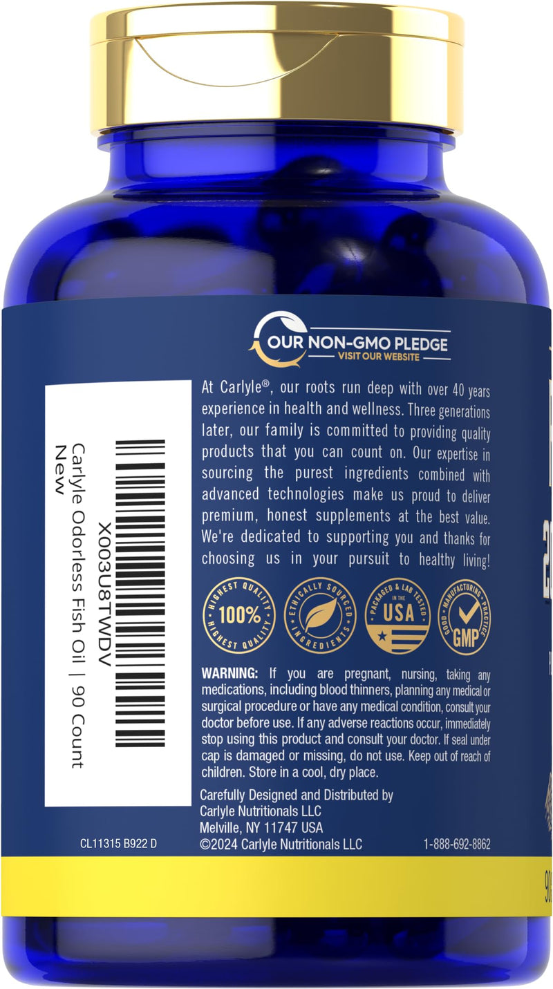 [Australia] - Carlyle Fish Oil 2000mg | 600mg Omega 3 Supplement for Men & Women | 90 Odorless Softgels | Lemon Flavored | Non-GMO and Gluten Free 