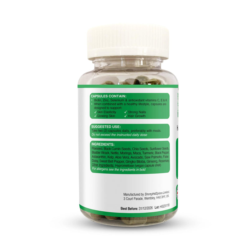Strength & Spices Hair, Skin & Nails 100% Natural Supplement – 20 Ingredients w Biotin Selenium & Zinc - 60 Vegan UK Made 1000mg Capsules – Hair & Nails Growth, Collagen Formation