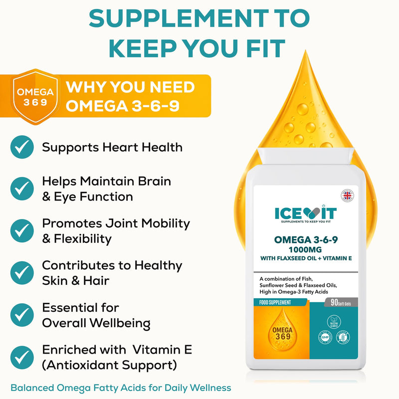 Omega 3-6-9 1000mg – 90 Softgels | with Fish & Flaxseed Oil + Vitamin E | Triple Omega Fatty Acids | UK Made | Heart, Brain, Skin & Eye Support | GMP Certified