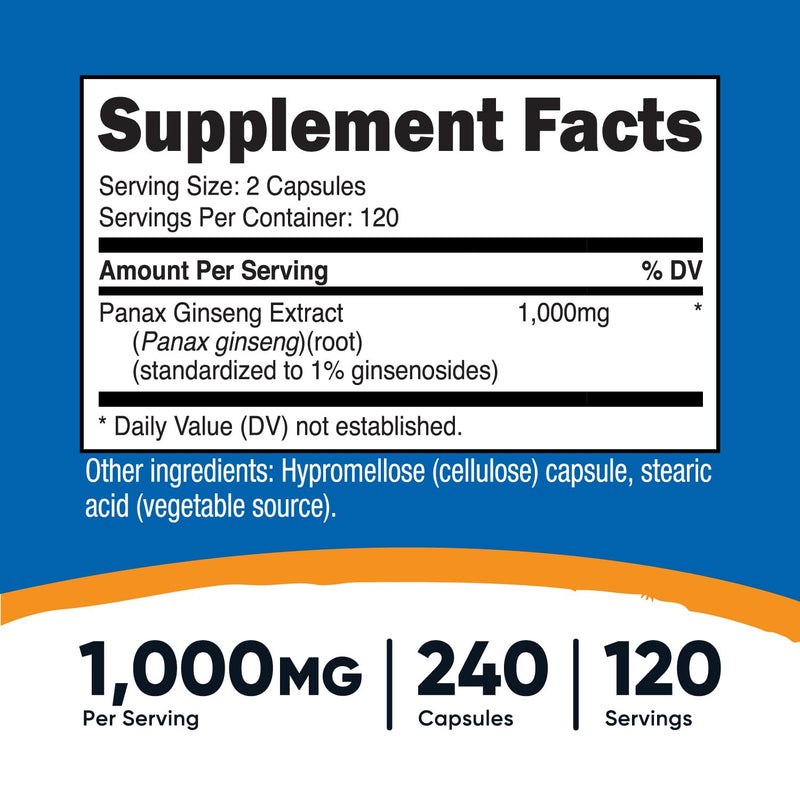 Nutricost Panax Ginseng 1000mg, 240 Capsules - Non GMO, Gluten Free, 120 Servings Unflavored 240 Count (Pack of 1)