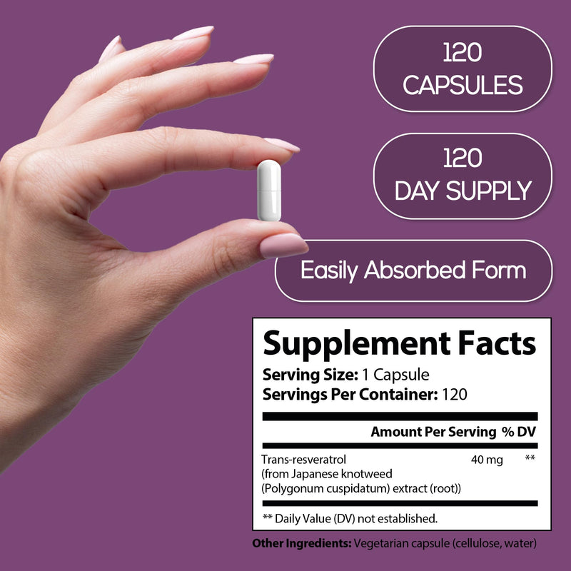 Resveratrol Supplement Sourced from Japanese Knotweed,120 Capsules, 400 mg Equivalent, 120 Day Supply, Gluten Free