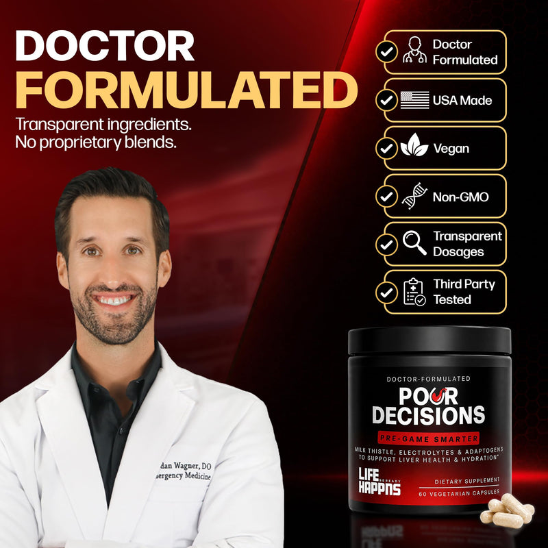 Pour Decisions Alcohol Support Supplement for Adults with Milk Thistle, Potassium, Vitamin B6 & Schisandra – Doctor Formulated Next-Day Wellness, Hydration, Liver Health & Antioxidant Support – 60 ct