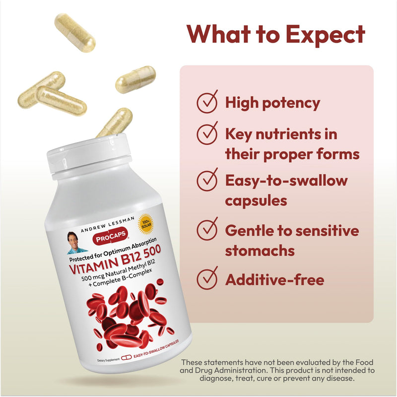 ANDREW LESSMAN ProCaps Vitamin B12 500 mcg with B-Complex 180 Capsules | Absorption-protected Methylcobalamin with B-Complex supports energy, brain, heart and nervous system health. 180 Count (Pack of 1)
