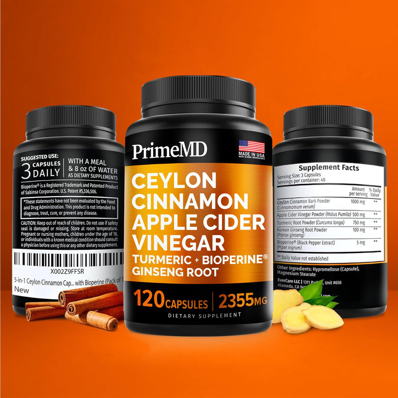 [Australia] - 5-in-1 Ceylon Cinnamon Capsules 2355mg - Ceylon Cinnamon and Apple Cider Vinegar Capsules - Turmeric and Panax Ginseng Capsules - Cinnamon Supplements with Bioperine 120 Count (Pack of 1) 
