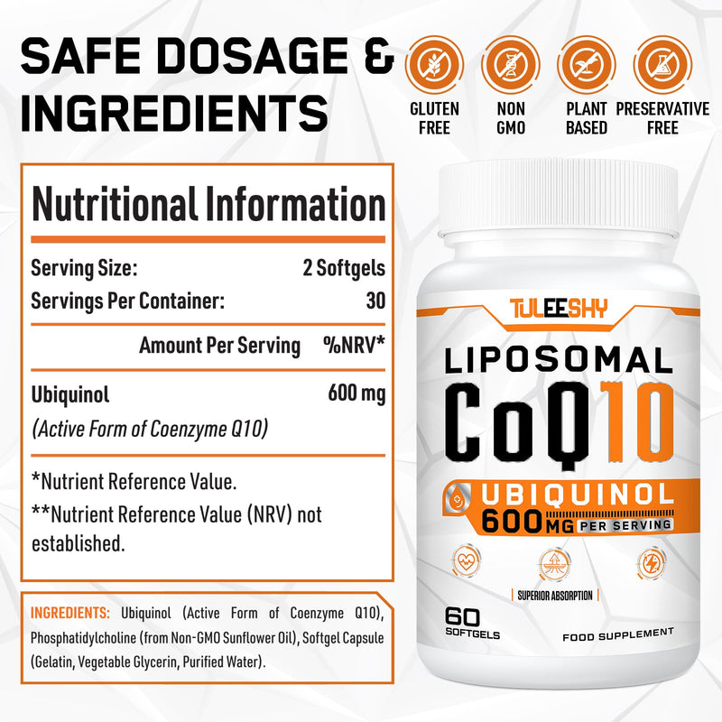 Liposomal CoQ10 Ubiquinol 600mg - High Potency, Superior Absorption for Advanced Heart and Energy Support - 60 Easy-to-Swallow Softgels (60 Count (Pack of 2)) 60 count (Pack of 2)