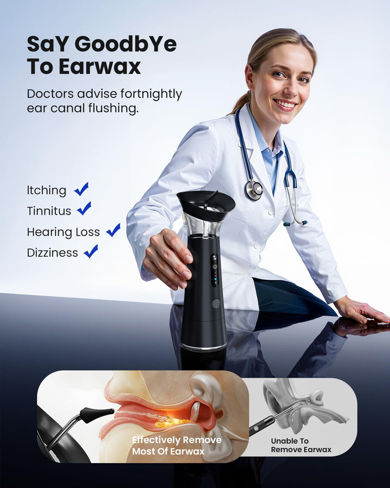 [Australia] - Electric Ear Wax Removal with Separated Dual Tank, IPX6 Waterproof Ear Cleaner Kit, Water Temperature Detection, FSA/HSA Eligible & Ergonomic Upright Rinse Design, USB-A to C Cable Black 