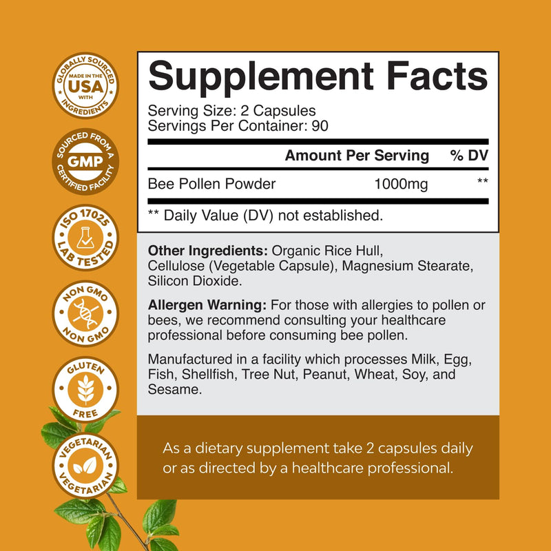 Bee Pollen Pills for Breast Growth 180 Ct - Bee Pollen Supplement 1000mg Serving with Naturally Occurring B Vitamins Minerals & Enzymes - Breast Support Supplement - Vegetarian Non-GMO & Gluten Free | Bee pollen capsules to support breast growth, fulln...