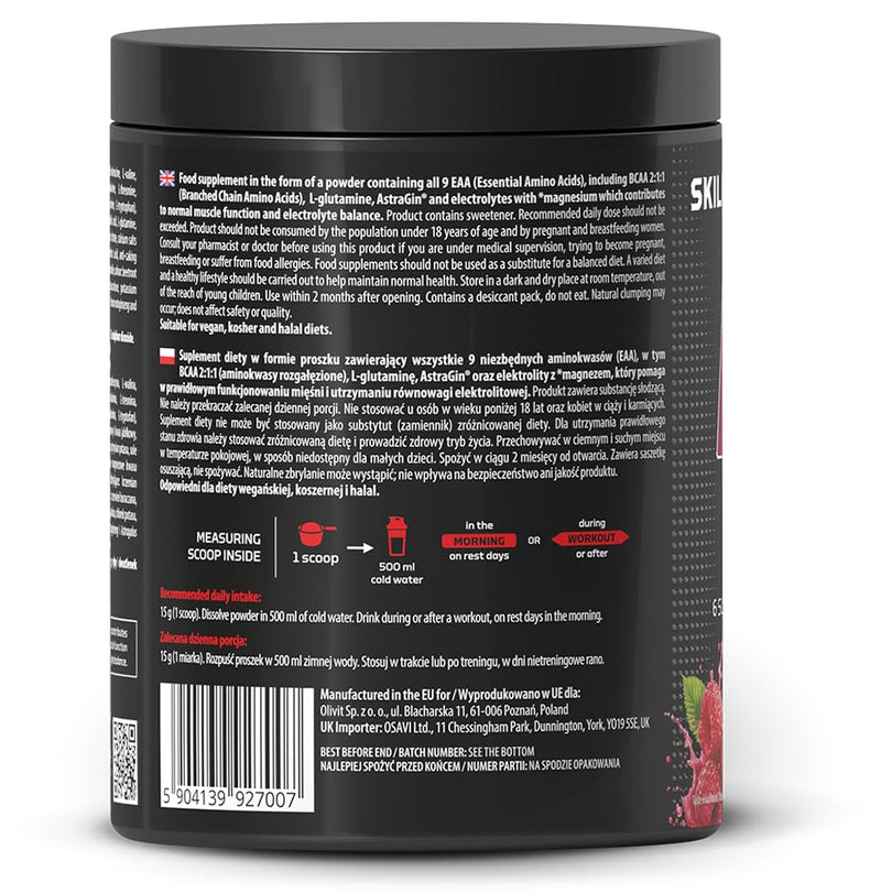 Skill Nutrition EAA + Electrolytes - Raspberry Flavour | 6.5 g EAA per Serving | BCAA 2:1:1, 1000 mg L-Glutamine, Electrolytes & AstraGin® | Powder Supplement | 450 g