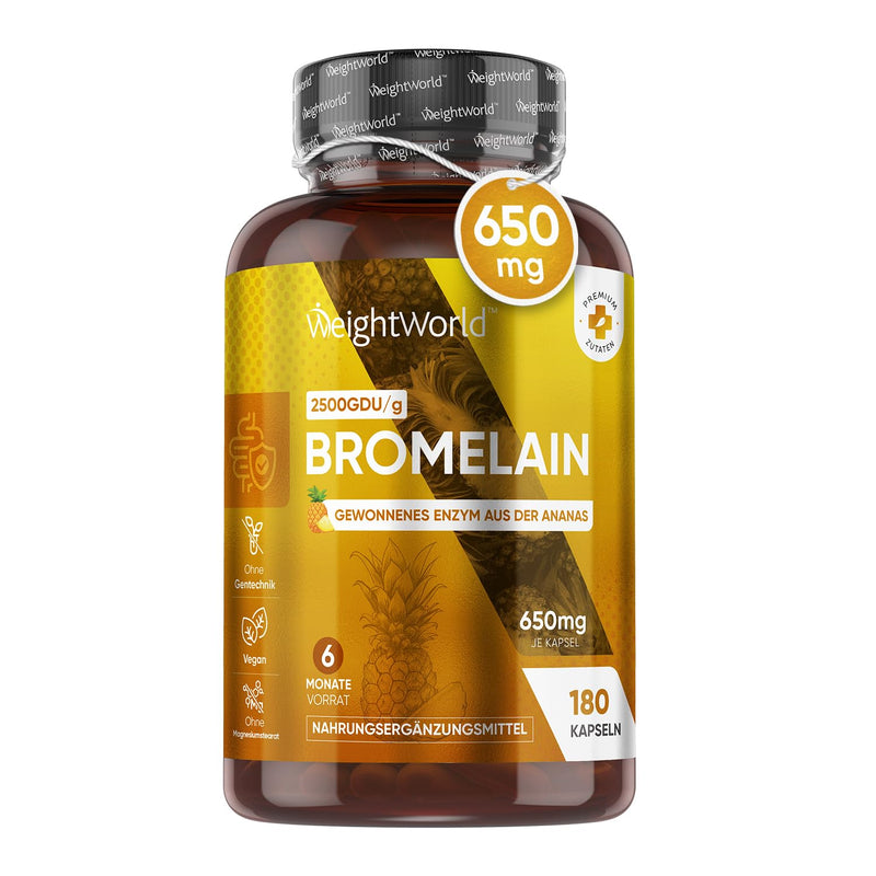 [Australia] - Bromelain capsules - 650mg daily dose - 180 vegan capsules - 6 month supply - Enzyme obtained from pineapple - 2500G.D.U/g - Without magnesium stearate & genetic engineering - Pineapple enzyme from WeightWorld 
