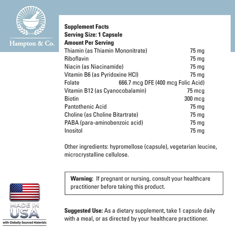 Hampton Distribution B-Complex for Stress & Nerve Support – Calming Vitamin Blend with B12, B6, Niacin & Biotin – Supports Relaxation & Neurological Health – 60 Vegetarian, Gluten-Free Capsules 1 Count (Pack of 1)