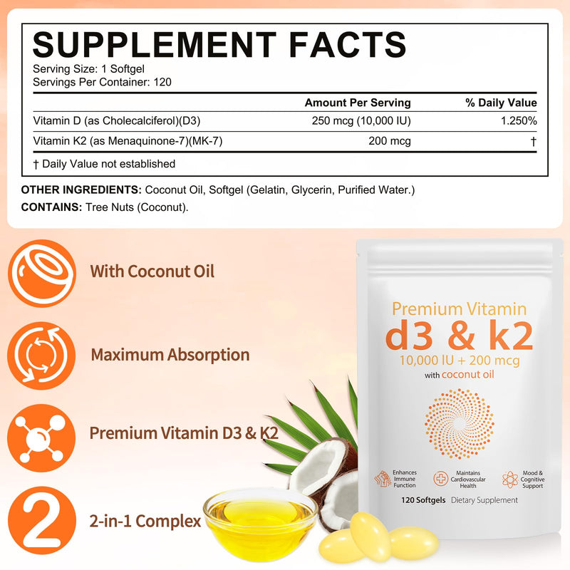 Daiasns Vitamin D3 K2 10000iu Supports Muscle & Brain Health -High-Potency D3 K2 Supplement Helps in Immune and Cardiovascular Support - 120 Softgels 120 Count (Pack of 1)