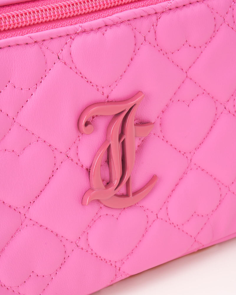Juicy Couture Pink Makeup Bag Cosmetics Organizer Travel Essentials Cross Zip Faux Leather Quilted Heart