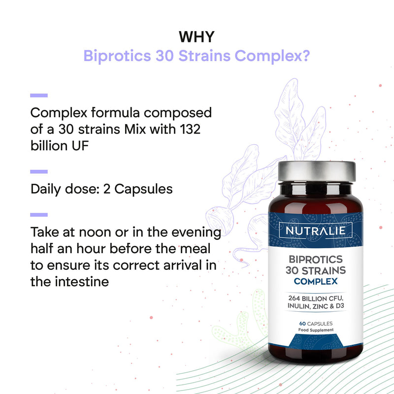 Probiotics and Prebiotics with 30 Strains - 264 Billion CFU per Dose - Biprotics 30 Strains Complex - 60 Capsules Nutralie