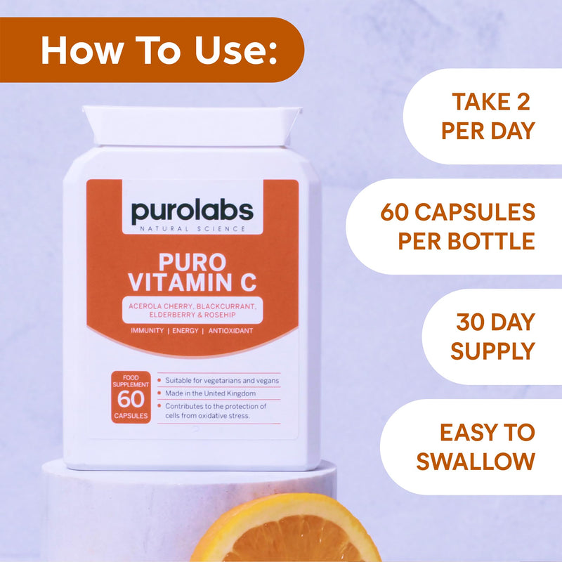 Purolabs Vitamin C Capsules – Wholefood, High Strength Vitamin C Supplement with Acerola Cherry, Rosehip, Blackcurrant & Elderberry for Immune Support and Antioxidant Benefits – 60 Vegan Capsules