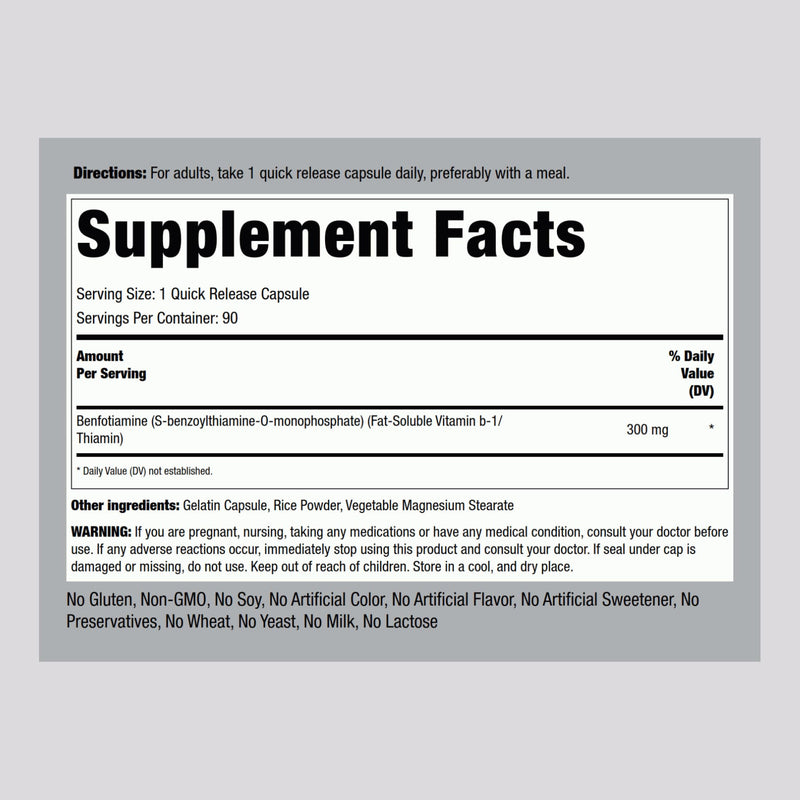 Piping Rock Benfotiamine 300mg | 90 Capsules | Fat Soluble Vitamin B1 | Non-GMO, Gluten Free Supplement