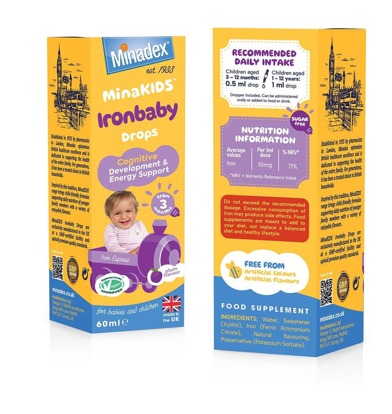 MinaKIDS Ironbaby Drops – Tasty Plum Flavoured Everyday Iron Supplement for Babies and Children, Minimal Iron Aftertaste, Supports Immune Health, Sugar-Free, Vegan, 60ml