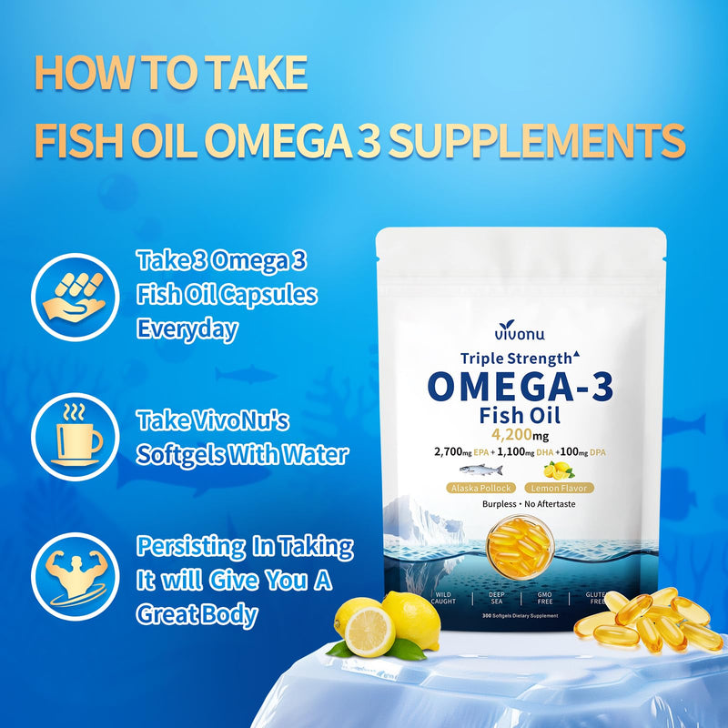 VivoNu Triple Strength Fish Oil Omega 3 Supplements - 4200mg, 300 Softgels | Enteric-Coated for No Fishy Aftertaste | for Women and Men | Wild-Caught | Third-Party Tested 300 Count (Pack of 1)