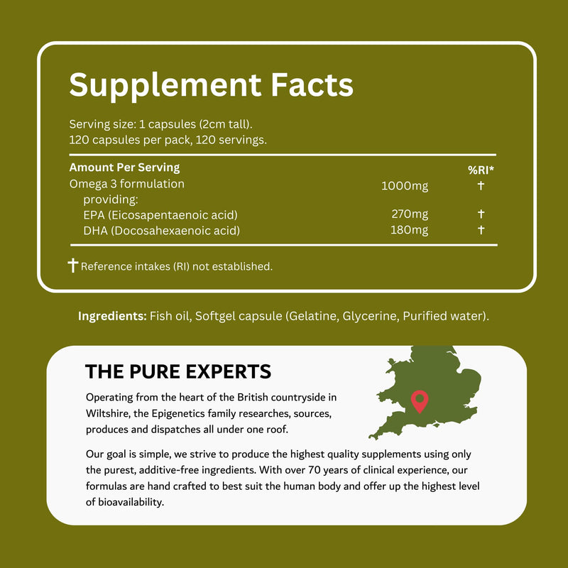 Super Omega 3 1000mg | High Strength 270mg EPA + 180mg DHA Fish Oil | 120 Softgel Capsules UK Made | Long 4 Month Supply by Epigenetics Supplements