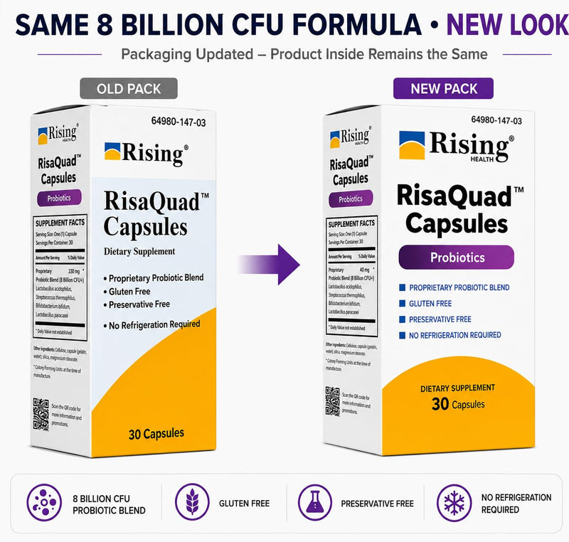 Rising Health RisaQuad™ Probiotic Capsules – 40 mg (8 Billion CFU+) Proprietary Probiotic Blend for Daily Digestive & Gut Health Support | No Need for Refrigeration - 30 Capsules 40mg (8 Billion CFU+)