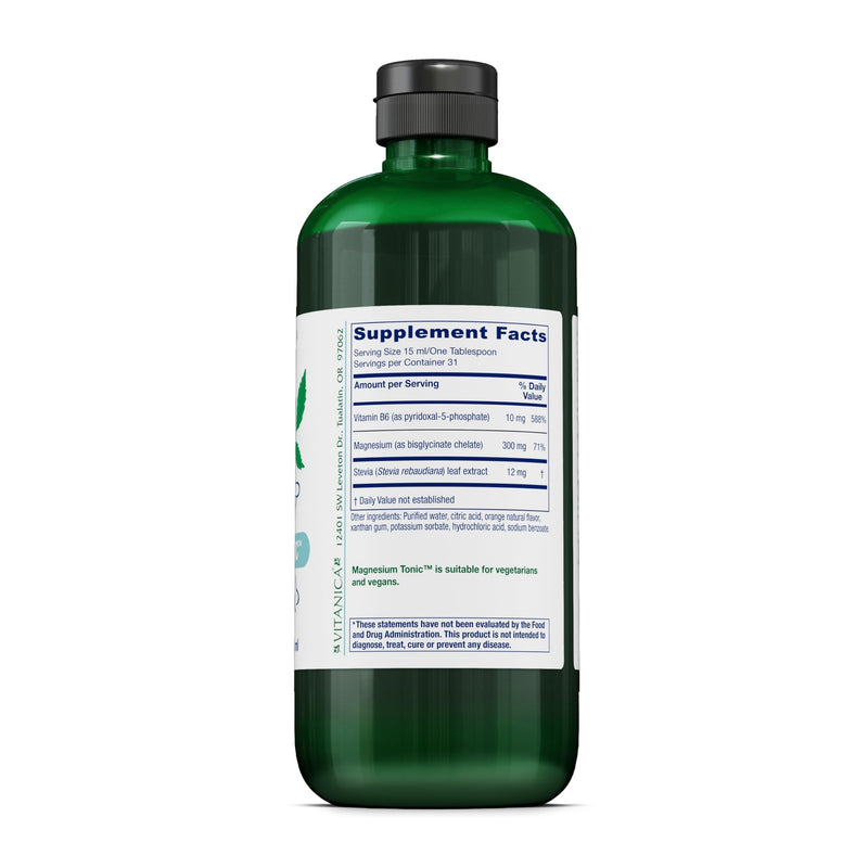 Vitanica Magnesium Tonic, Liquid Magnesium Bisglycinate Chelate 300 mg with Vitamin B6, Dr Formulated Supplement, Orange Flavor, Vegan, Gluten Free and Non-GMO,16 fl oz Pro Logo - Orange, 16 Fl Oz