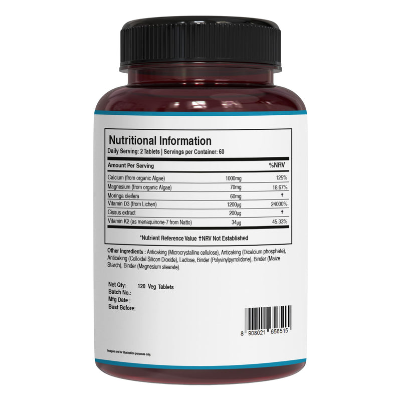 Pure Nutrition Cal D - Plant Based Calcium with VIT D3 K2 & Magnesium | 120 Tabs | 1000mg Vegan Calcium per Serving | Supplement for Bone Health