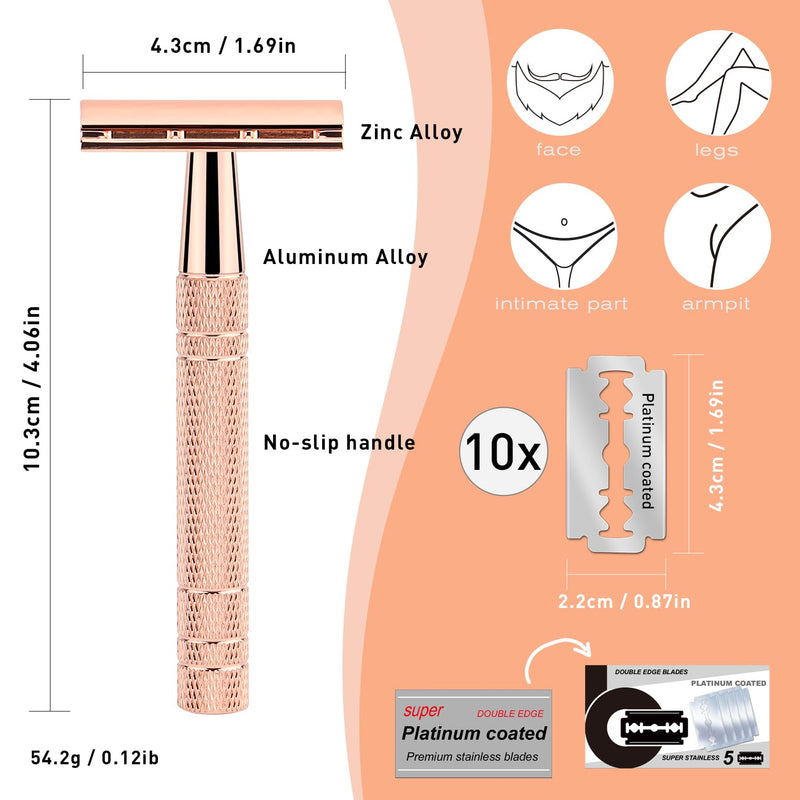 [Australia] - Double Edge Safety Razor, Single Blade Razors for Women, with 10 Platinum Coated Safety Razor Blades, Reusable Metal Face Razors for Men, Sustainable Safety Shaving Razor, No Plastic, Rose Gold Rose Gold Razor 