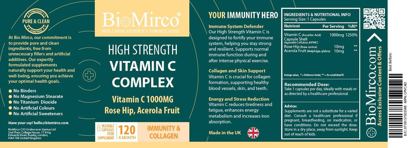 Vitamin C 1000mg Capsules, High Strength Supplement, Immune Support Vitamins, High Dose, Alternative to VIT C Powder/Tablets, Immunity Supplements, Rose Hip, Acerola Fruit, Complex, Made in The UK Vitamin C 120 Count