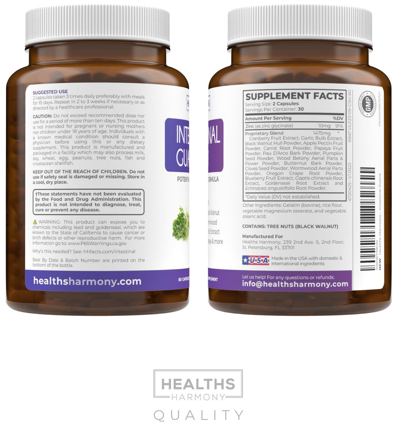 [Australia] - Intestinal Guard (Non-GMO) - Potent Natural Formula with Wormwood, Black Walnut, Goldenseal, PAU D'Arco, Clove, Garlic, More - All in One Supplement - 60 Capsules (No Pills) 60 Count (Pack of 1) 