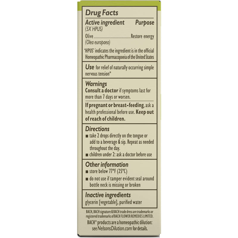 [Australia] - Bach Original Flower Remedies, Olive for Energy (Non-Alcohol Formula), Natural Homeopathic Flower Essence, Holistic Wellness and Stress Relief, Vegan, 10mL Dropper 