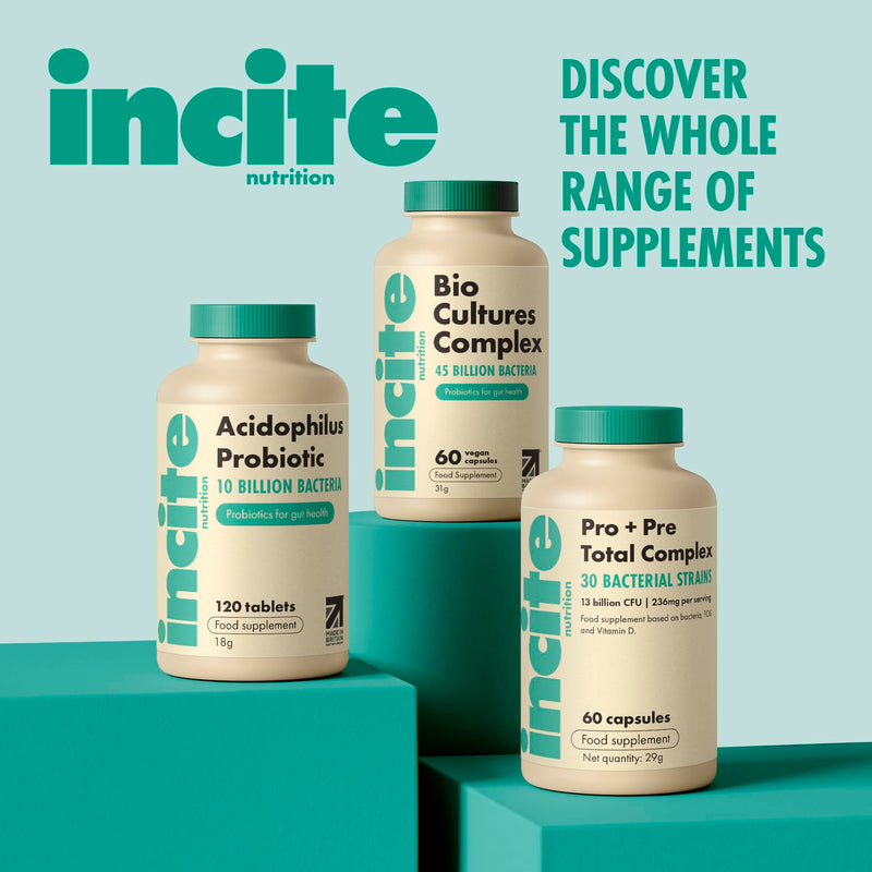 Incite Nutrition Pre + Pro Bio Cultures Complex 13 Billion CFU. 60 Capsules, 1 Month Supply. 30 Bacterial Strains. Supports Gut Health, Digestion, and Immune System. Suitable for Vegetarians & Vegans