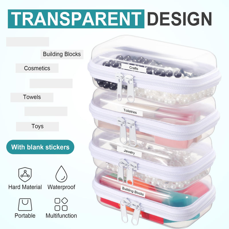 Sanwuta 10 Pcs Clear Hard Zipper Case with Labels,Xs,Clear | Hard Shell Plastic Pouches for Cosmetics Office Travel, Portable Organizer Bins for Makeup Pencils Toys Toiletry Puzzle Item Xs