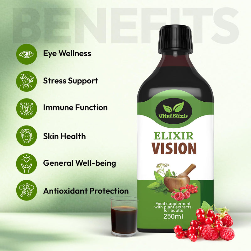 Elixir Vision, Nutritional Food Supplement with Plant Extracts for Adults – Herbal Liquid Formula with Eyebright & Marigold – 250ml – Vegan & Gluten-Free
