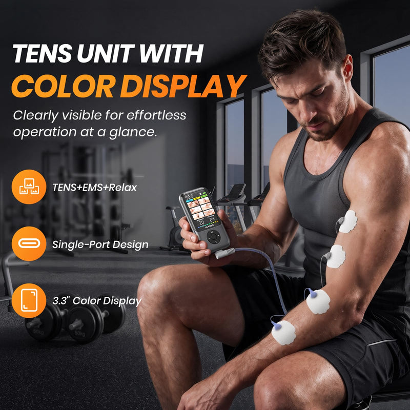 AVCOO 24 Modes TENS Unit Muscle Stimulator for Pain Relief, Color Screen | 3-in-1 EMS Massage Machine for Drug-Free Shoulder, Back Pain Relief Therapy, 30 Levels Electronic Pulse Massager, 10 Pads