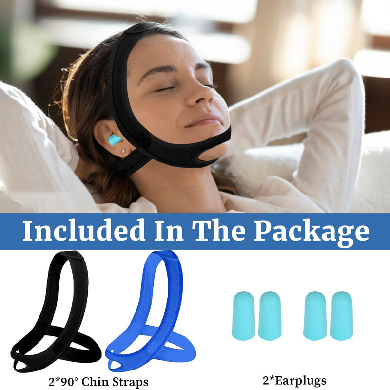 [Australia] - Anti Snoring Chin Strap for Sleeping, 2 Pack Adjustable Jaw Support Strap to Keep Mouth Closed, Soft Snoring Solution for Men Women, Stops Snoring Dry Mouth, Comfort Fit Nighttime Sleeping Aid Black+blue L 