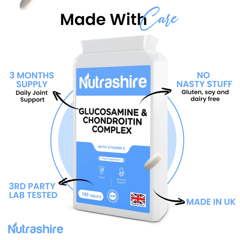 Glucosamine and Chondroitin High Strength Complex 180 Tablets - Vitamin C Joint Care Supplements for Cartilage, Bones, Fatigue & Immune Support – Made in the UK