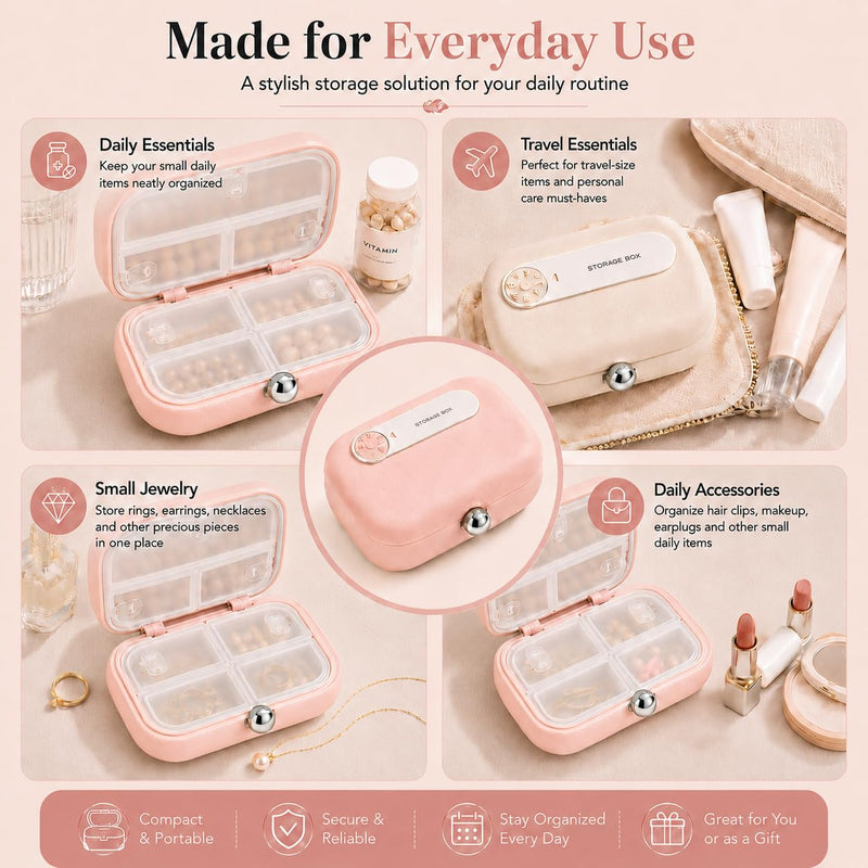 Travel Pill Organizer with Date Dial, 7-Compartment Portable Pill Case | Pink case with metal push-button closure; 7 fixed compartments for vitamins and supplements, compact for purses and travel
