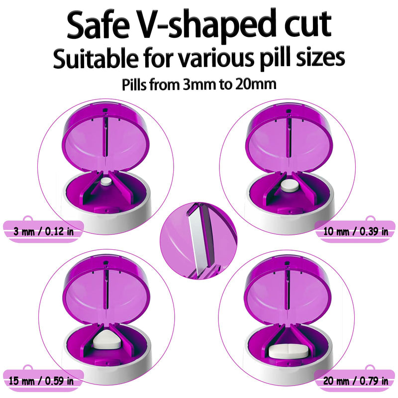 Pill Cutter Splitter for Small and Tiny Pills Vitamins Tablets, Built-in Storage Compartment, Pill Crusher Fine Powder with Stainless Steel Grinding Head,Pills Grinder with Pill Box Organizer (Purple) Purple