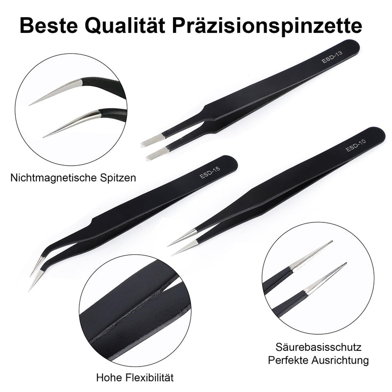 [Australia] - Tweezers set of 3 precision tweezers, anti-static ESD safety, stainless steel tweezers set, non-magnetic, for detailed work and repairs of computers, cell phones, watches 12.5 cm 