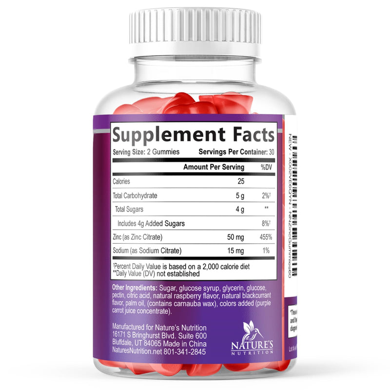 Zinc Gummies - 50mg Zinc Per Serving Immune Skin & Bone Support Health Gummy - Premium Antioxidant Chewable, High Absorption Vegan, Best Supplements Vitamin for Adults, Tasty Berry Flavor, 60 Gummies 60 Count (Pack of 1)