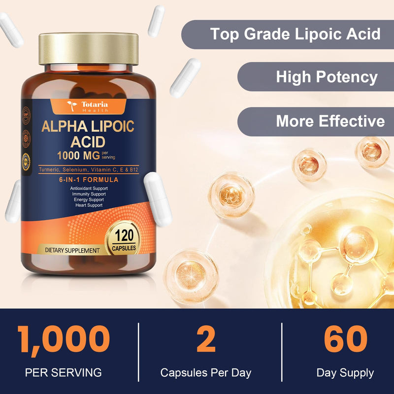 [Australia] - Alpha Lipoic Acid 1000mg - ALA Supplement Antioxidant for Neuropathy Support Nerve Health, Liver Detox, Antioxidant, Metabolism and Cell Energy, Anti-Aging - Non-GMO, Gluten Free, Vegan Safe 120 Count (Pack of 1) 