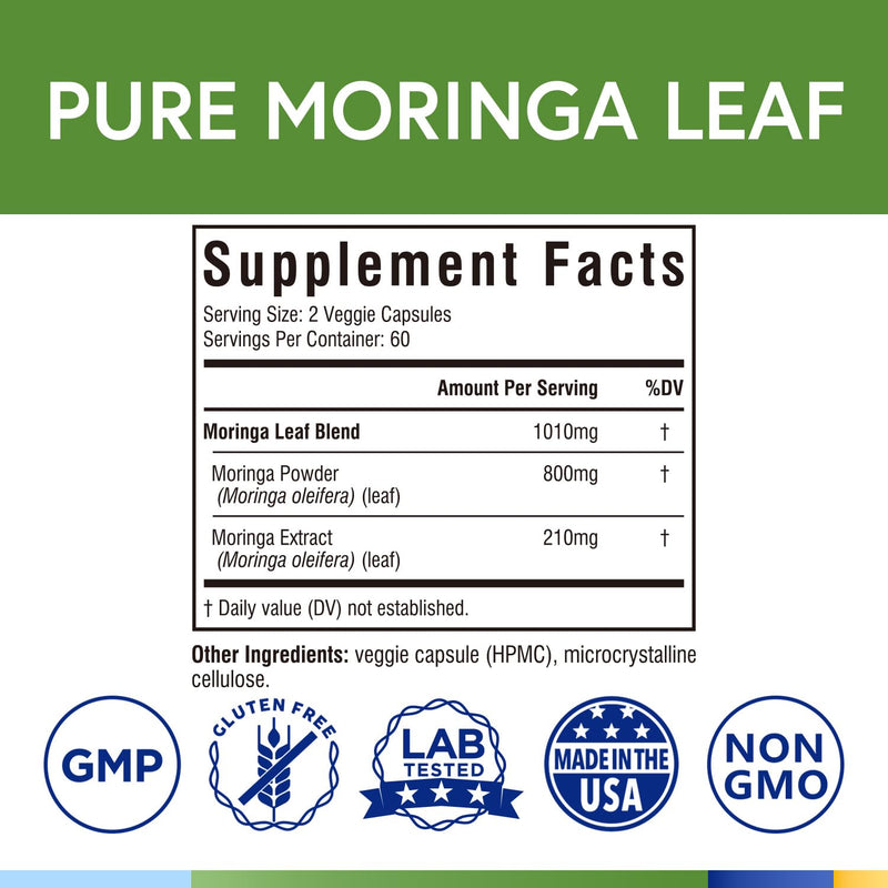 Terranics Moringa Capsules, Pure Moringa Oleifera Leaf Powder, Energy, Skin, Immune Health, Non GMO, No Gluten, Natural Green Superfood Supplement, 120 Vegan Caps 120 Count (Pack of 1)
