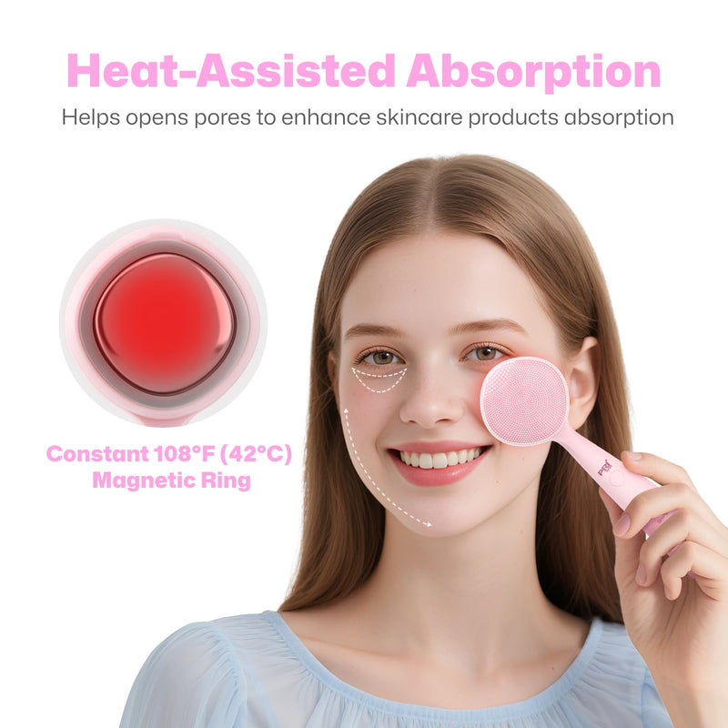 PRITECH Facial Cleansing Brush, Rechargeable Silicone Face Scrubber with Constant-Temperature Heating, Vibrating Exfoliator Scrubber for Deep Pore Cleaning, Waterproof Face Brush for Women & Men -Pink Pink