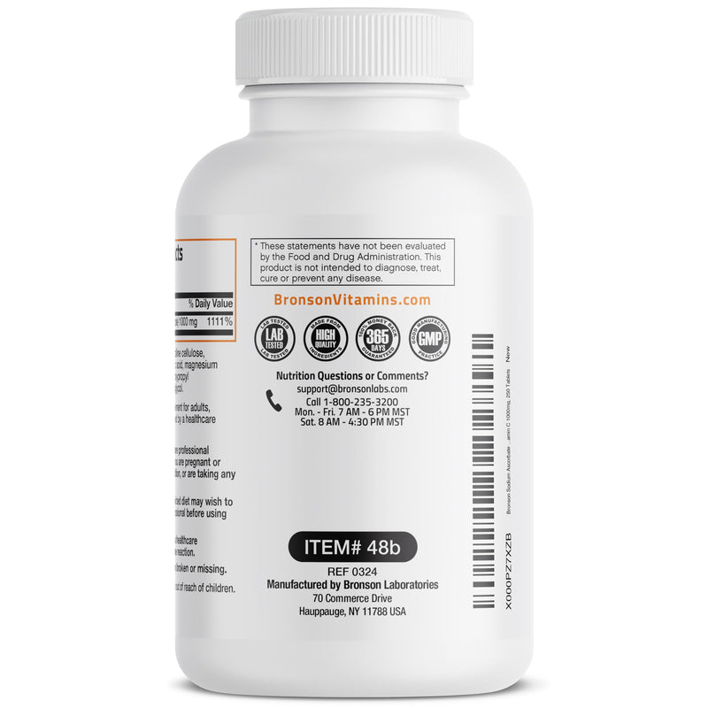 Bronson Non-Acidic Vitamin C 1000 mg as Sodium Ascorbate, 250 Tablets | Gentle on the Stomach, Immune, Antioxidant & Collagen Support, Non-GMO
