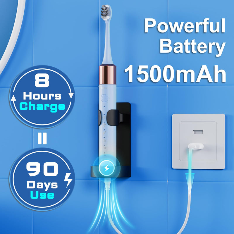 [Australia] - Sonic Electric Toothbrush for Adults and Kids, Comes with 10 Brush Heads & Travel Case, 5 Modes with 2 Minutes Built in Smart Timer, One Charge for 90 Days, 42,000 VPM Motor (Blue and White) Blue-white 