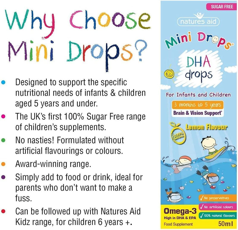 natures aid DHA Omega-3 Mini Drops for Infants and Children, Sugar Free, 50 ml (Pack of 6)