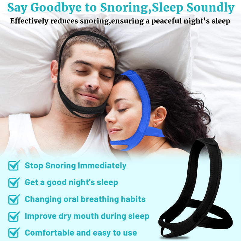[Australia] - Anti Snoring Chin Strap for Sleeping, 2 Pack Adjustable Jaw Support Strap to Keep Mouth Closed, Soft Snoring Solution for Men Women, Stops Snoring Dry Mouth, Comfort Fit Nighttime Sleeping Aid Black+blue L 