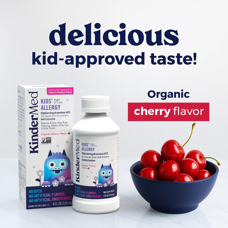 [Australia] - KinderMed Kids' Allergy Medicine with Diphenhydramine HCI, No Dyes, No Artificial Flavors or Sweeteners, Vegan, Non-GMO, Gluten Free, for Kids 6-11 Years, Organic Cherry Flavor (4 Fl Oz) 