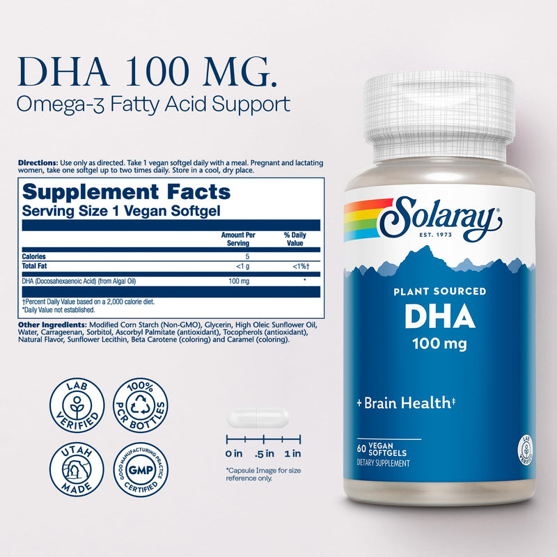 [Australia] - SOLARAY DHA Supplements 100 mg - D H A Omega 3 Fatty Acids for Wellness Support, Prenatal DHA Omega 3 Supplement - Plant Sourced from Algae Oil - 60-Day Guarantee, 60 Servings, 60 Vegan Softgels 